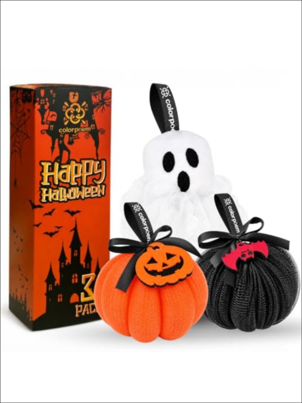 Halloween Bath Sponge Set 3-Pack Mesh Loofah Hanging Loop Body Exfoliator